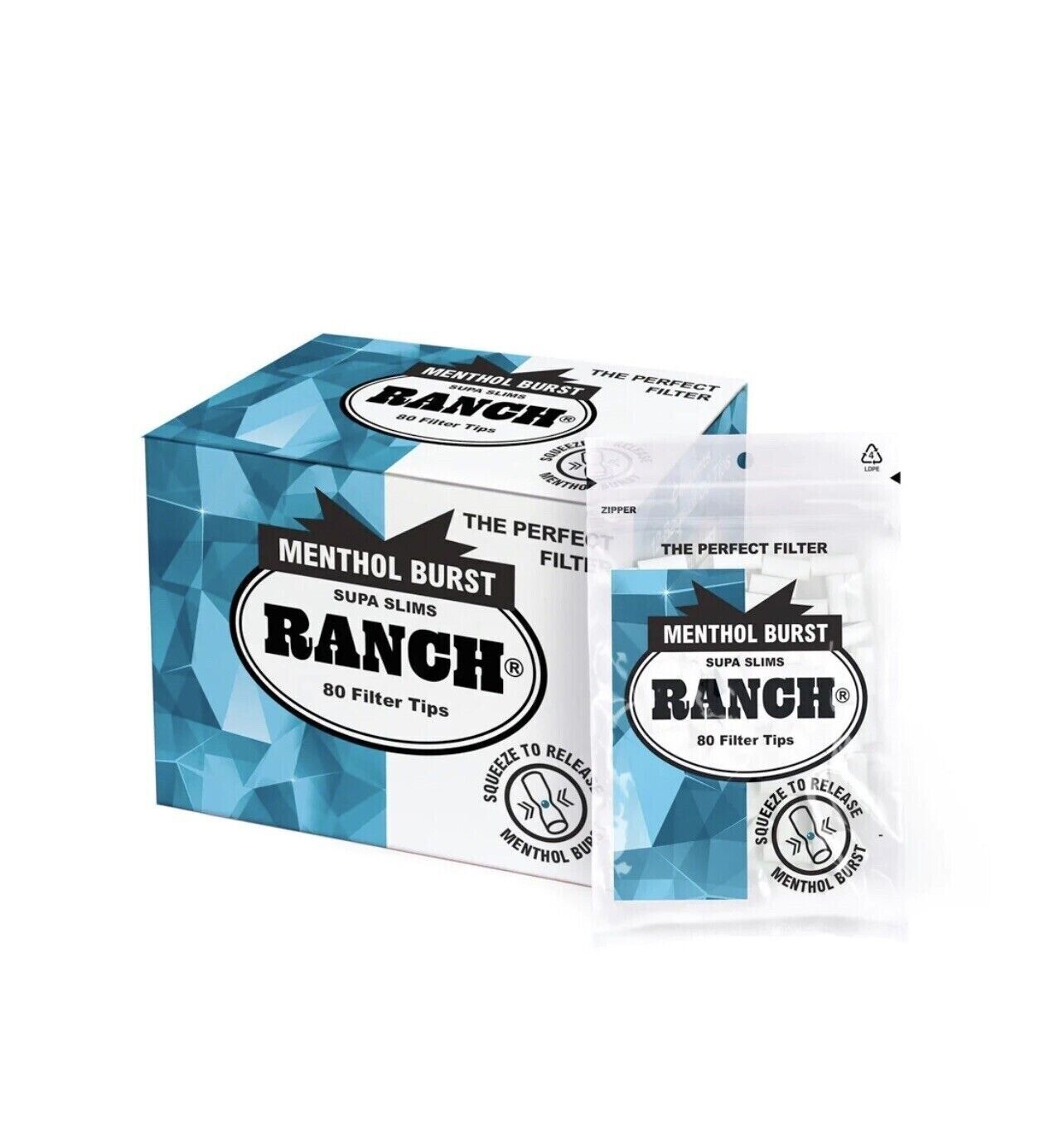Ranch Supa slims Menthol burst 75% more flavour 12 bags of filters 80 filter tips per bag