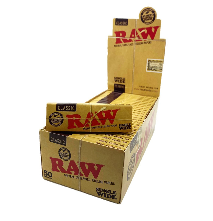 Raw natural single wide Classic rolling paper 50 booklets per box