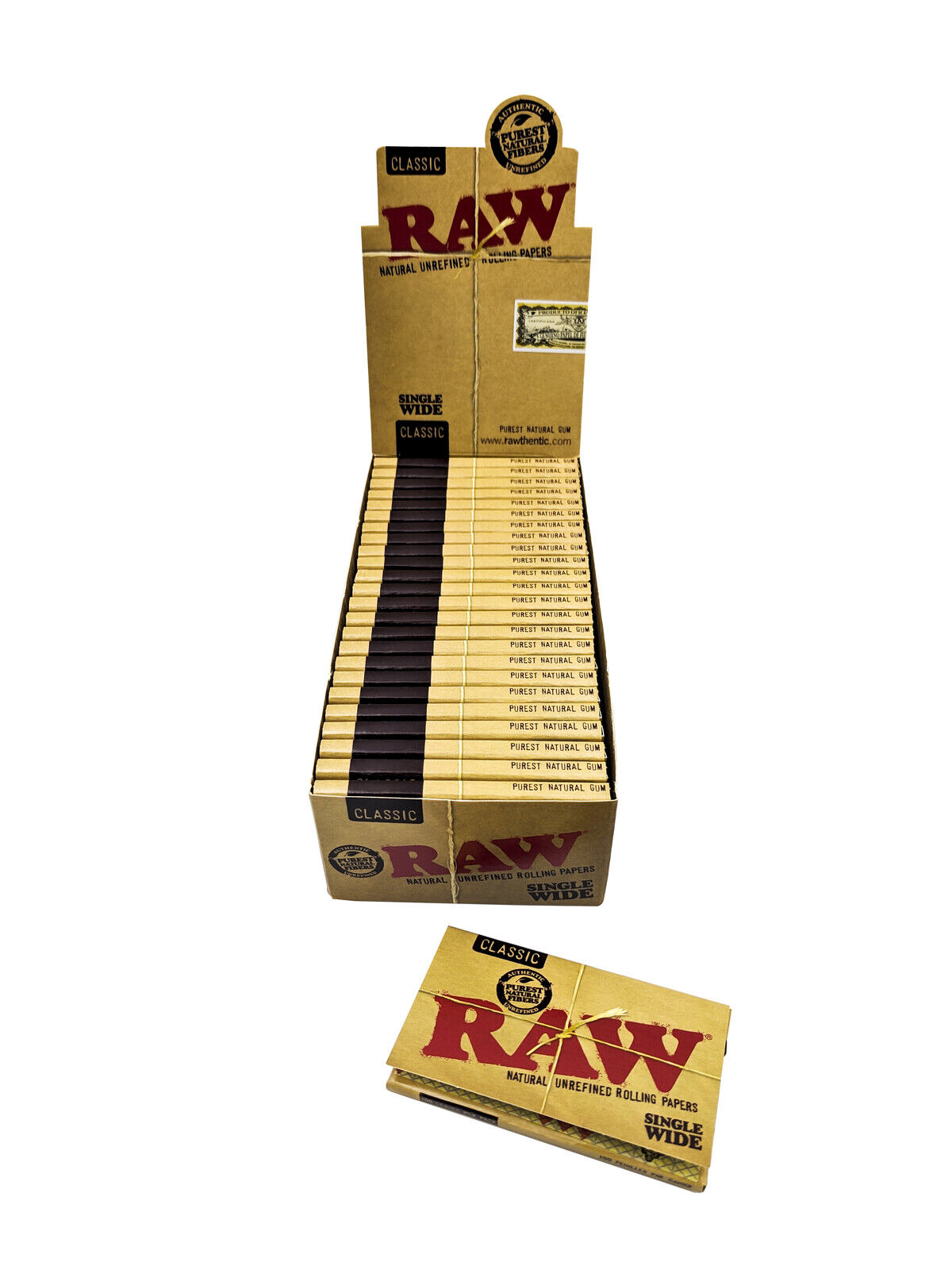 Raw natural single wide double Classic rolling paper 25 booklets per box